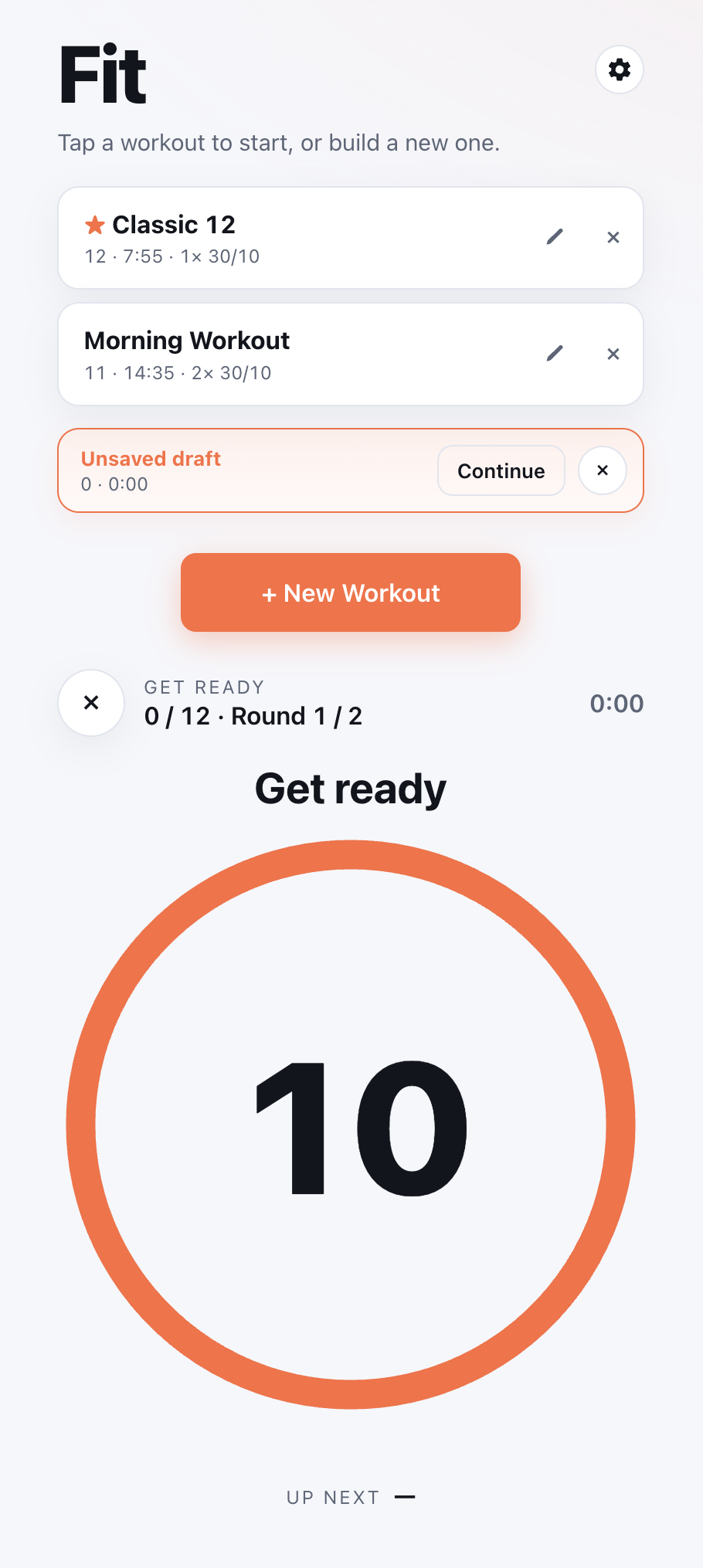 Home view: list of saved workouts with quick-start, plus the workout-running screen with the count-down ring and current exercise
